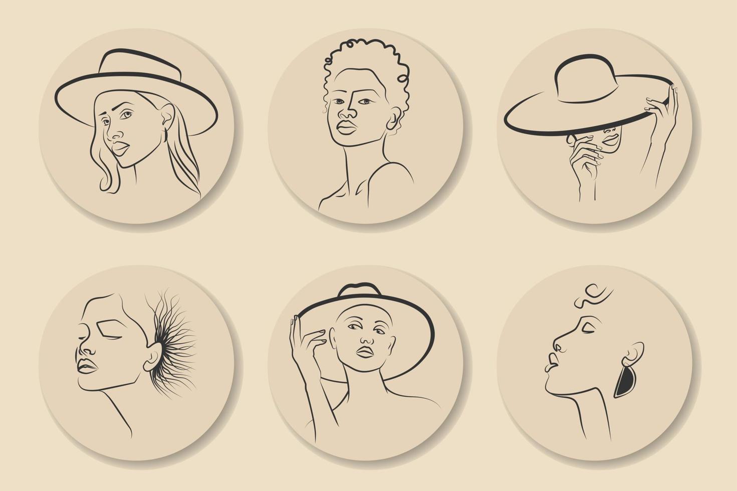 conjunto de iconos de línea delgada de varios tipos de rostros femeninos. incluye usuario de avatar, retrato o cabeza de persona. ilustración vectorial de portada resaltada vector