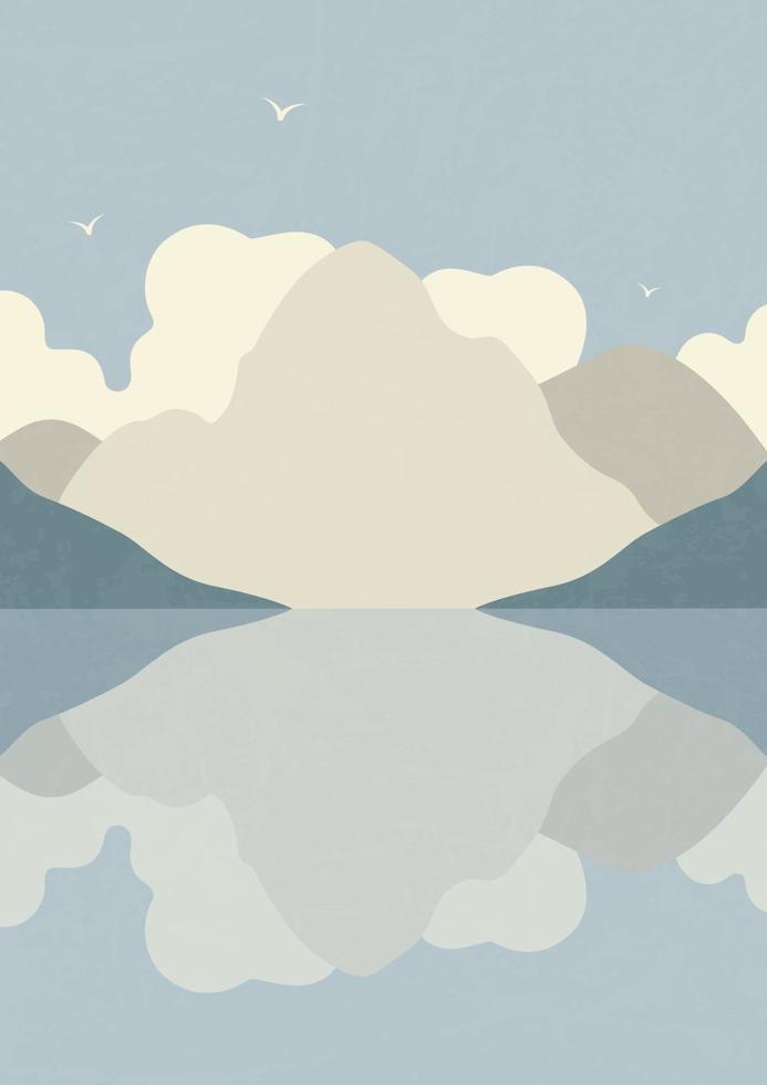 Minimalistic mountains landscape illustration poster. Mid century modern vector illustration with hand drawn mountains and lake.