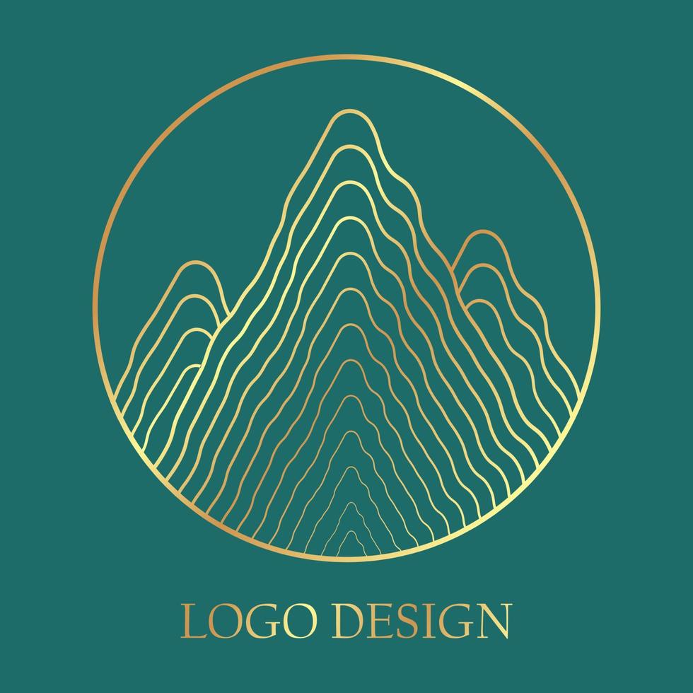 Mountain golden logo in minimal linear style. Vector round icon of landscape with hills - business emblems