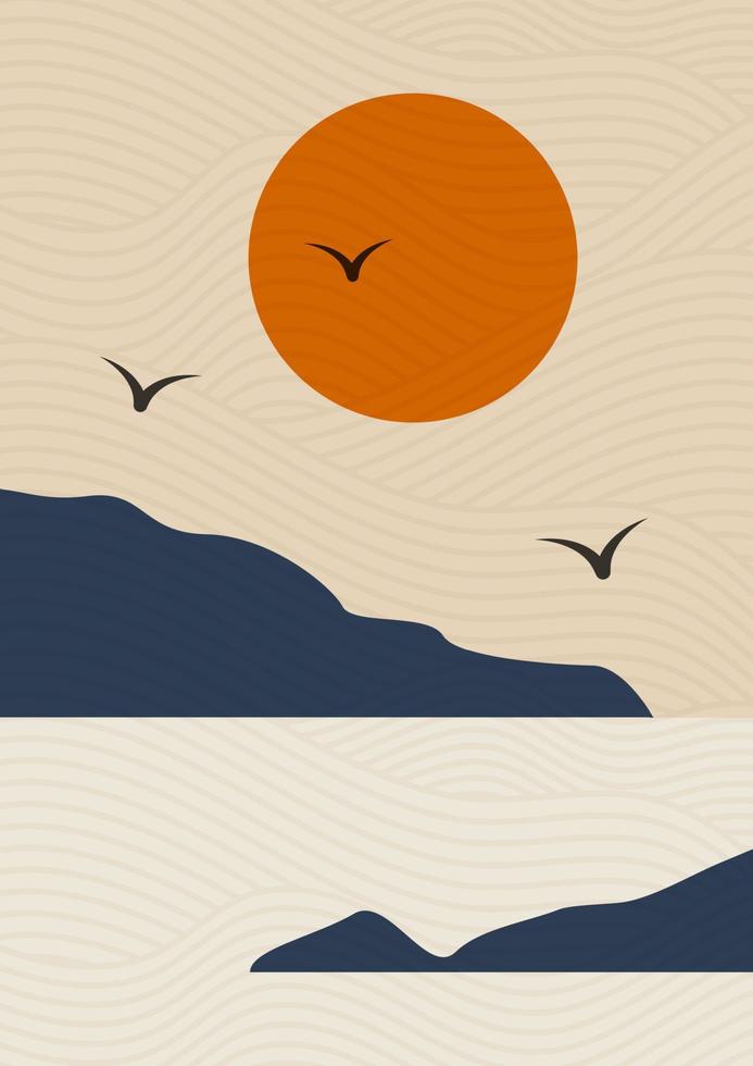 ilustración de cartel de paisaje japonés. diseño de montañas y lagos. decoración de pared bohemia. impresión de arte minimalista moderno de mediados de siglo vector
