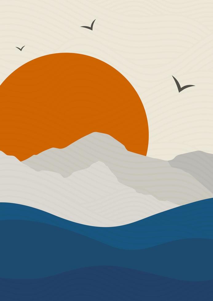 paisaje japonés con la ilustración del cartel del océano y las montañas. diseño de montañas y lagos. decoración de pared bohemia. impresión de arte minimalista moderno de mediados de siglo vector