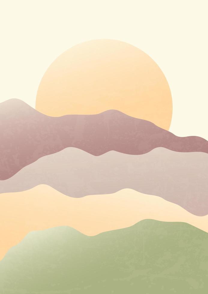 Abstract boho gradient mountain landscape poster. Modern boho background with sun and mountains. Vector a4 art print