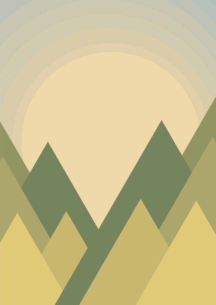 afiche de paisaje geométrico de montaña, decoración colorida de la habitación de los niños. puesta de sol en las montañas vector