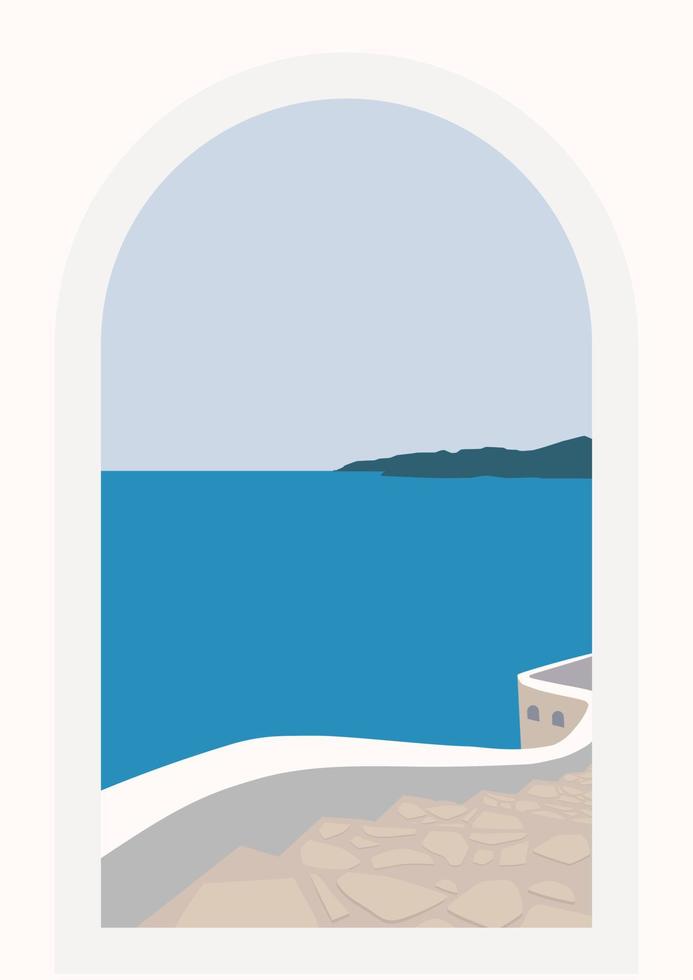 Ilustración de vector de color plano de ciudad costera griega. vacaciones de verano en grecia. vacaciones mediterráneas. edificios blancos tradicionales. dibujos animados panorámicos de santorini con paisaje marino en el fondo