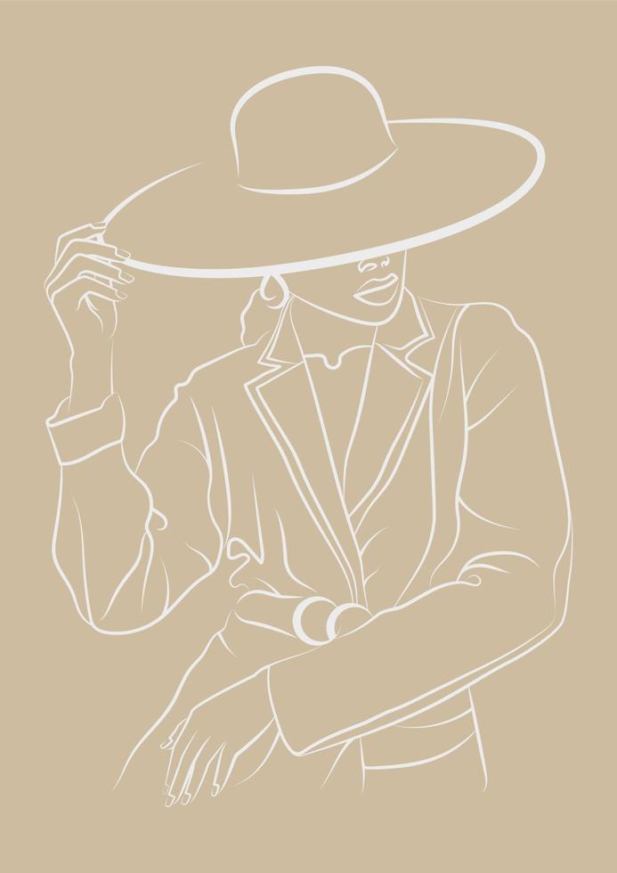 African woman in hat line drawing illustration. Minimalistic modern women face continuous line art. Vector square art