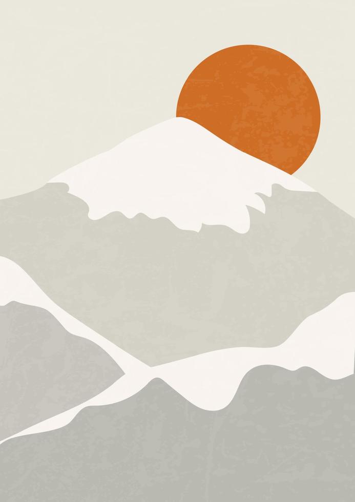 paisaje invernal de montaña con ilustración de picos blancos. fondo boho moderno con sol y montañas, decoración de pared minimalista. impresión de arte vectorial a4 vector