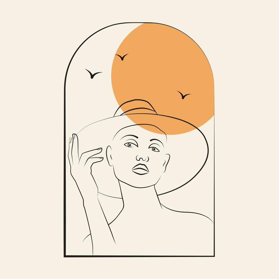 Linear woman in hat in arches art drawing poster. Vector illustration for social media, square composition