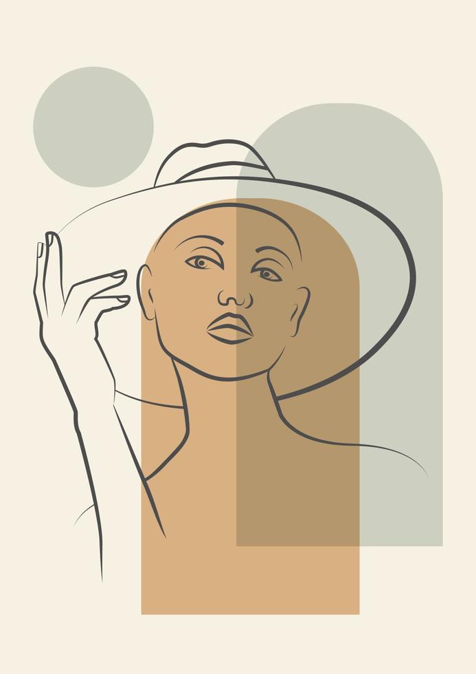 mujer con sombrero de pie con un cartel de dibujo de arcos. ilustración vectorial para logotipo, publicación, salón de belleza vector