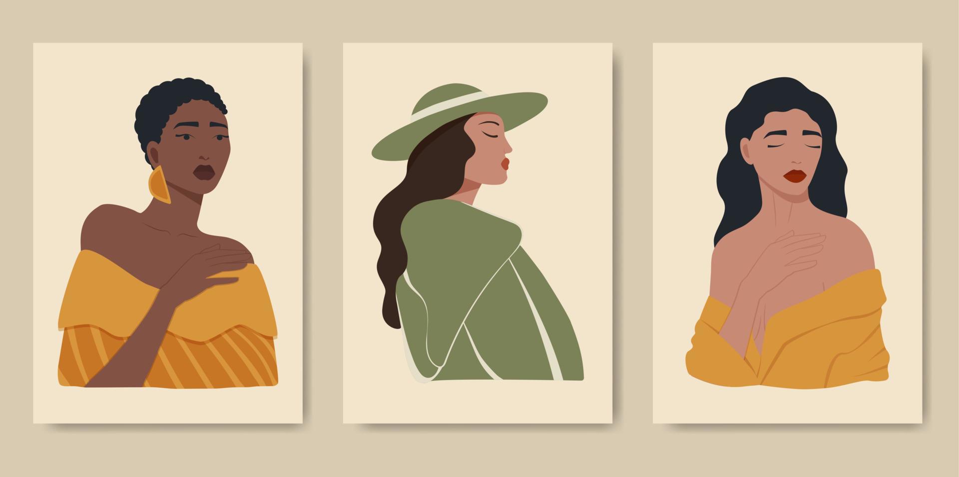 conjunto de carteles con mujeres de diferente género y edad. diversidad. ilustración plana avatar para una red social. vector