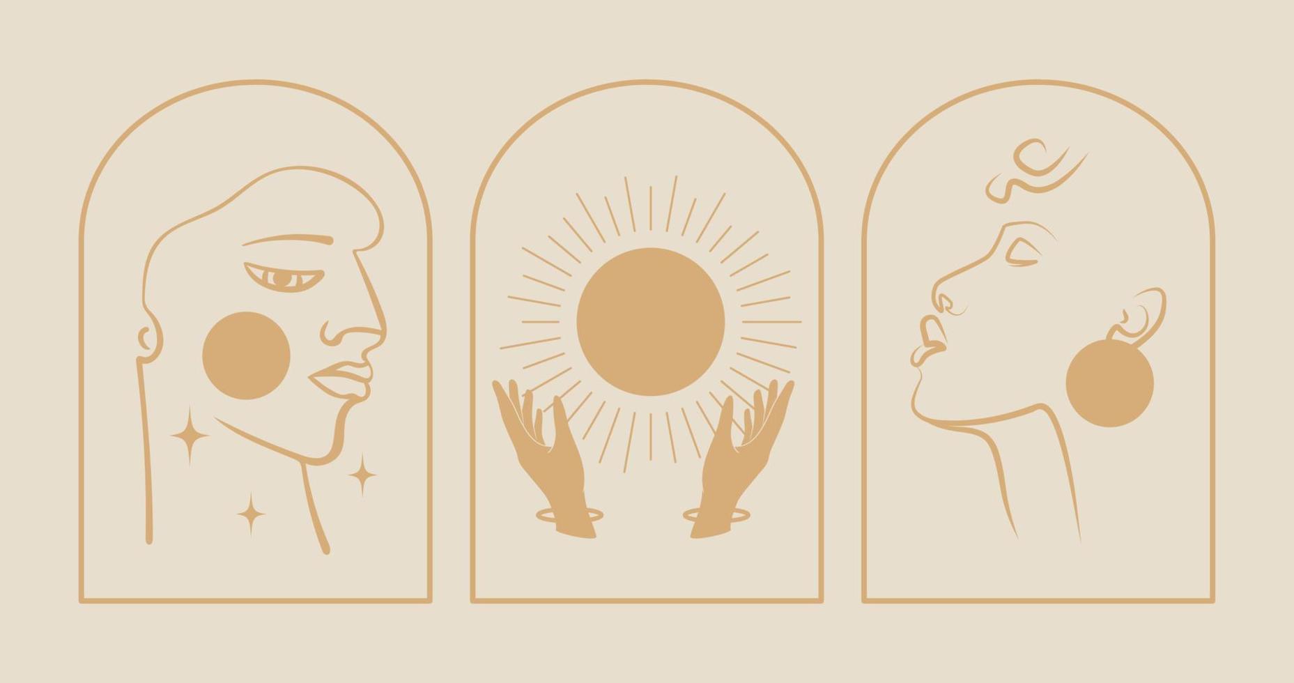Set of vector linear boho emblems of mystic people. Bohemian logo design
