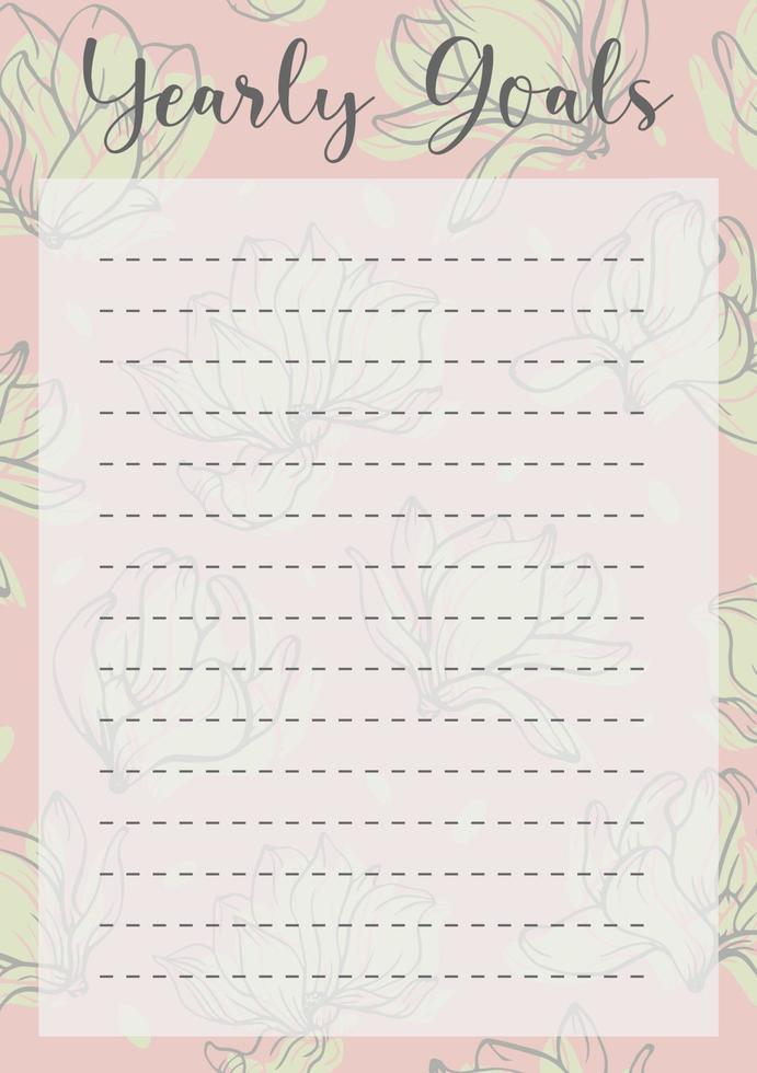 calendario anual diseño de página de planificador minimalista con magnolia. cuadrícula de lista para planificar la tarea anual. tomar nota vector