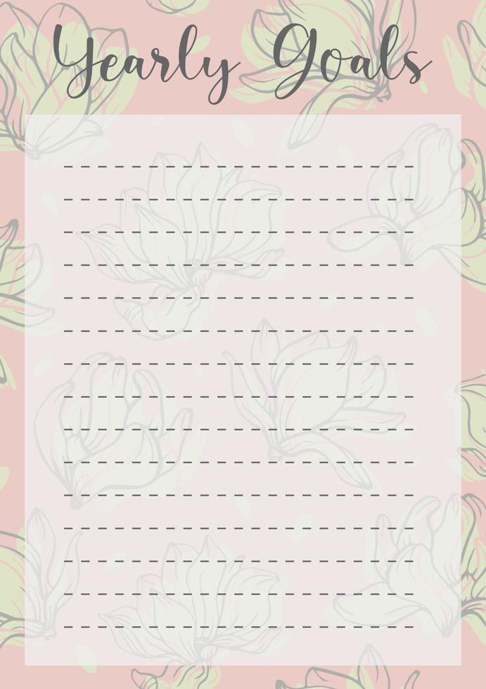 Yearly schedule minimalist planner page design with magnolia. List grid to plan annual task. Make note vector
