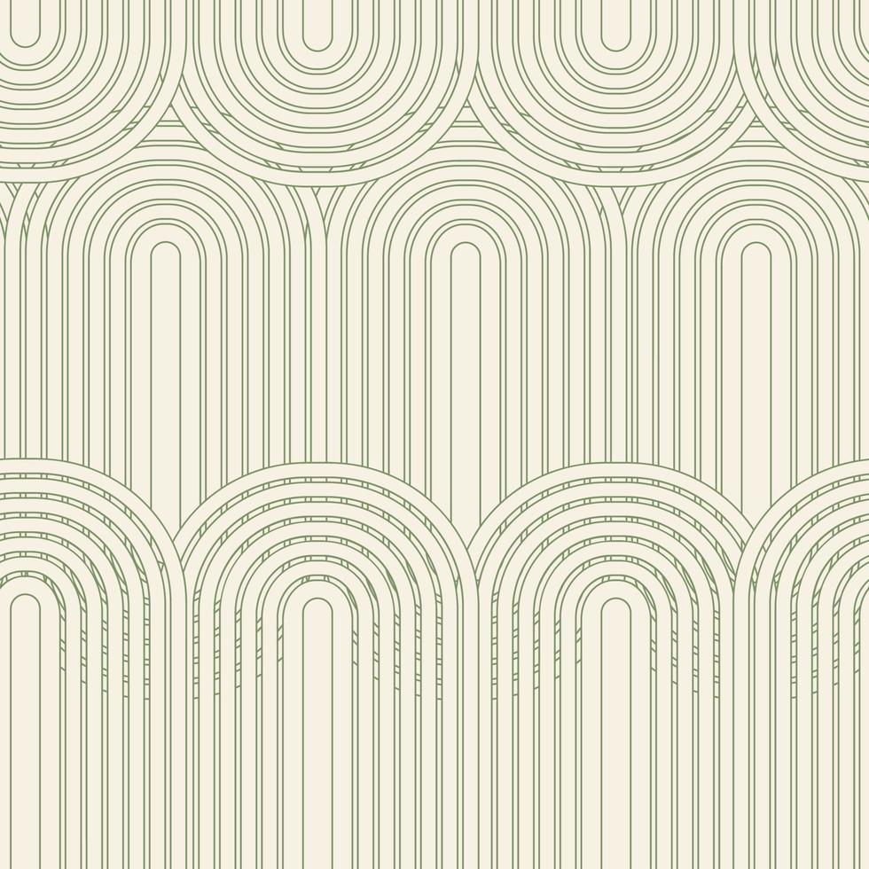 Linear vector pattern, repeating abstract arches, green lstripes. Graphic design for fabric.