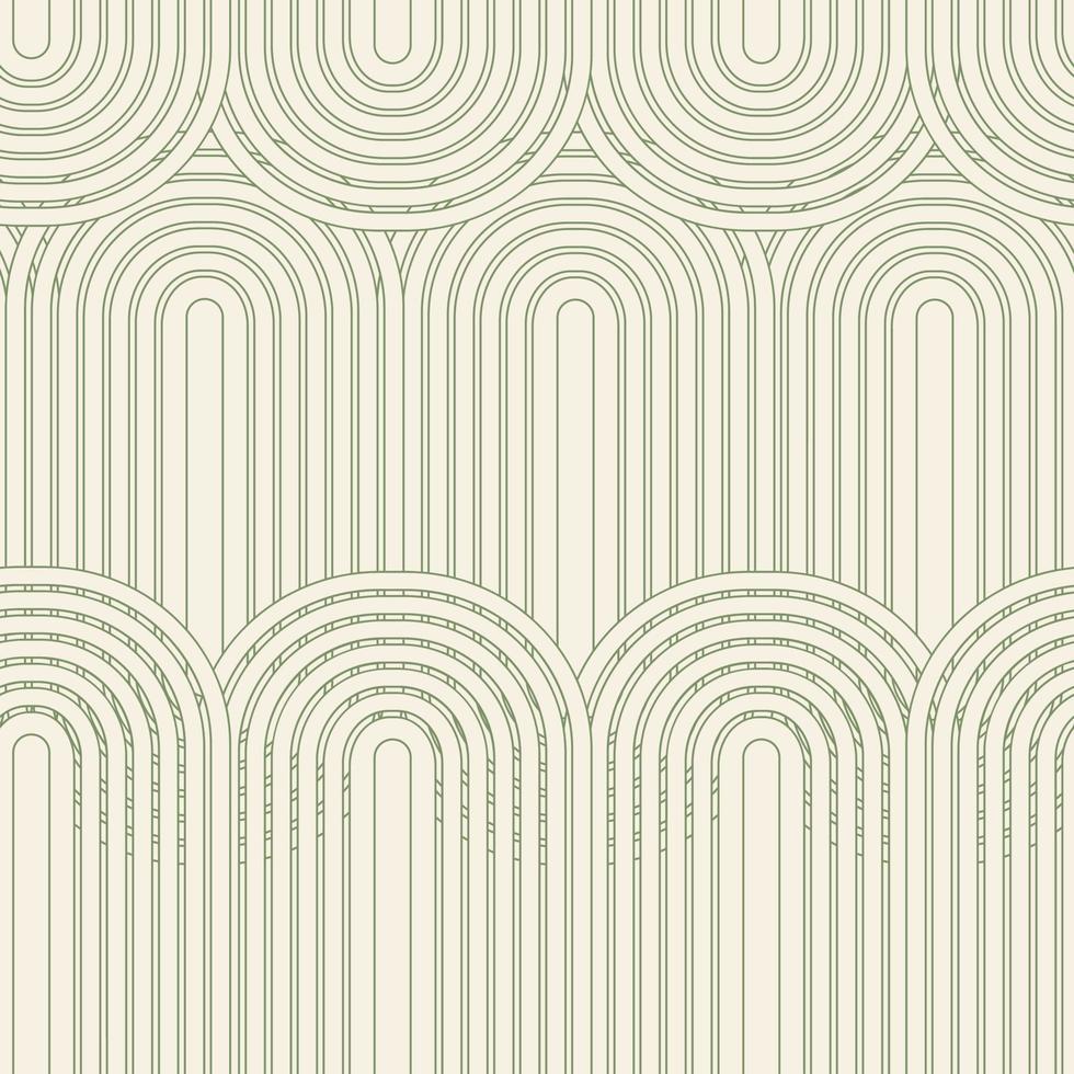 Linear vector pattern, repeating abstract arches, green lstripes. Graphic design for fabric.