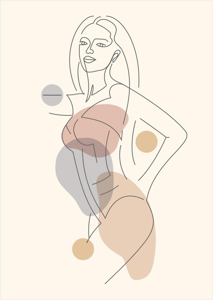 Young woman linear minimalist drawing poster. Beauty salon logo concept. Square design for decor. Vector illustration