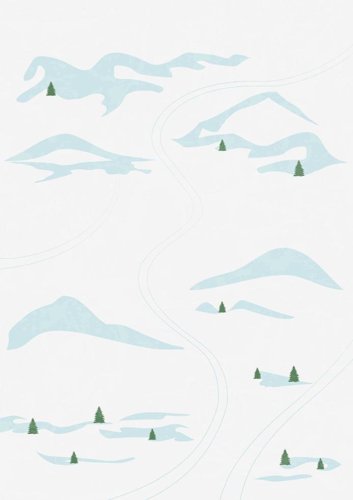 Landscape illustration of winter snowy hills. Travel poster, winter resort brochure. Mountain panorama, minimalist wall decor. Vector art print