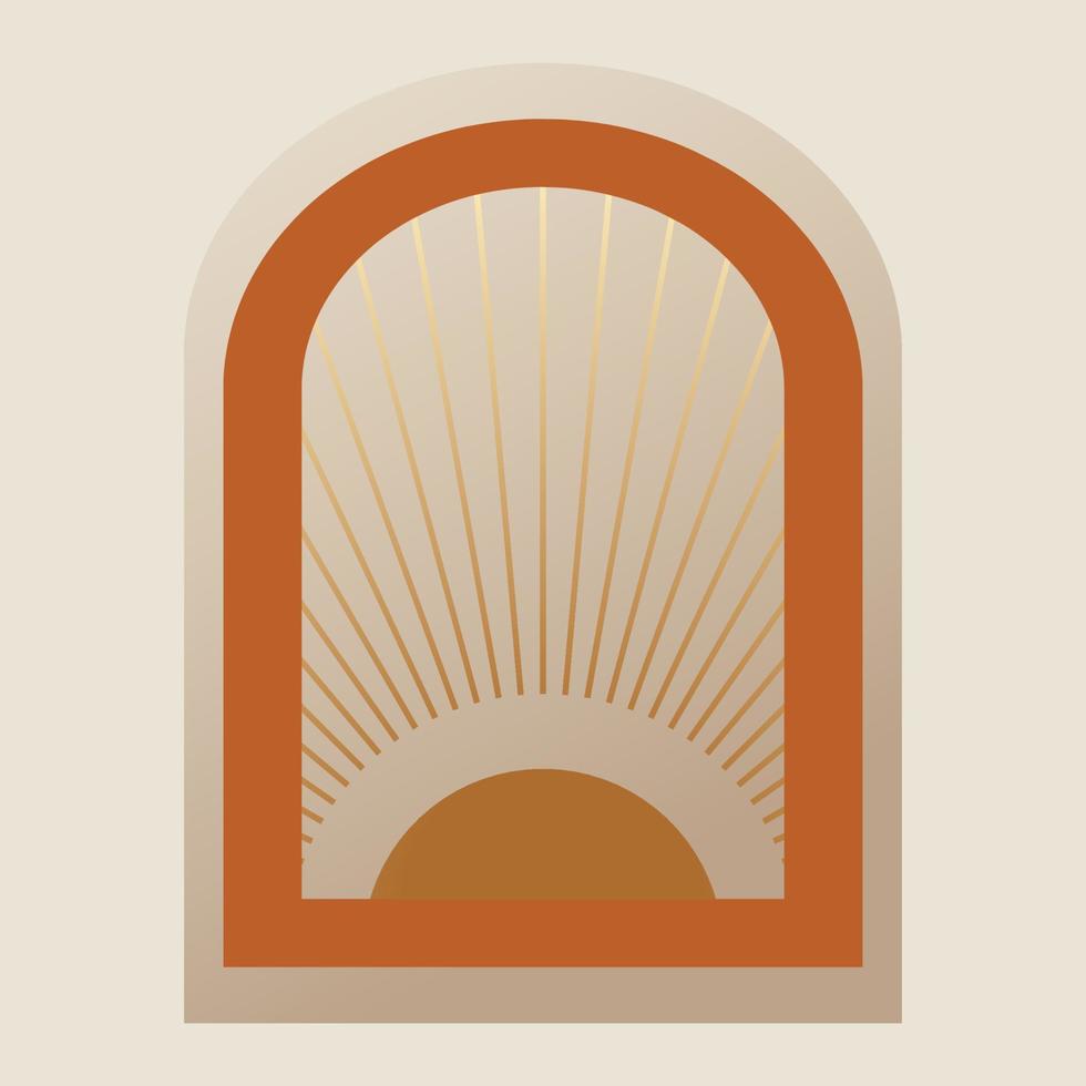 Boho linear gradient sun with arch illustration. Terracotta architecture elements in bohemian style. Bohemian sun, lines sign, logo. Moroccan contemporary aesthetic art. vector