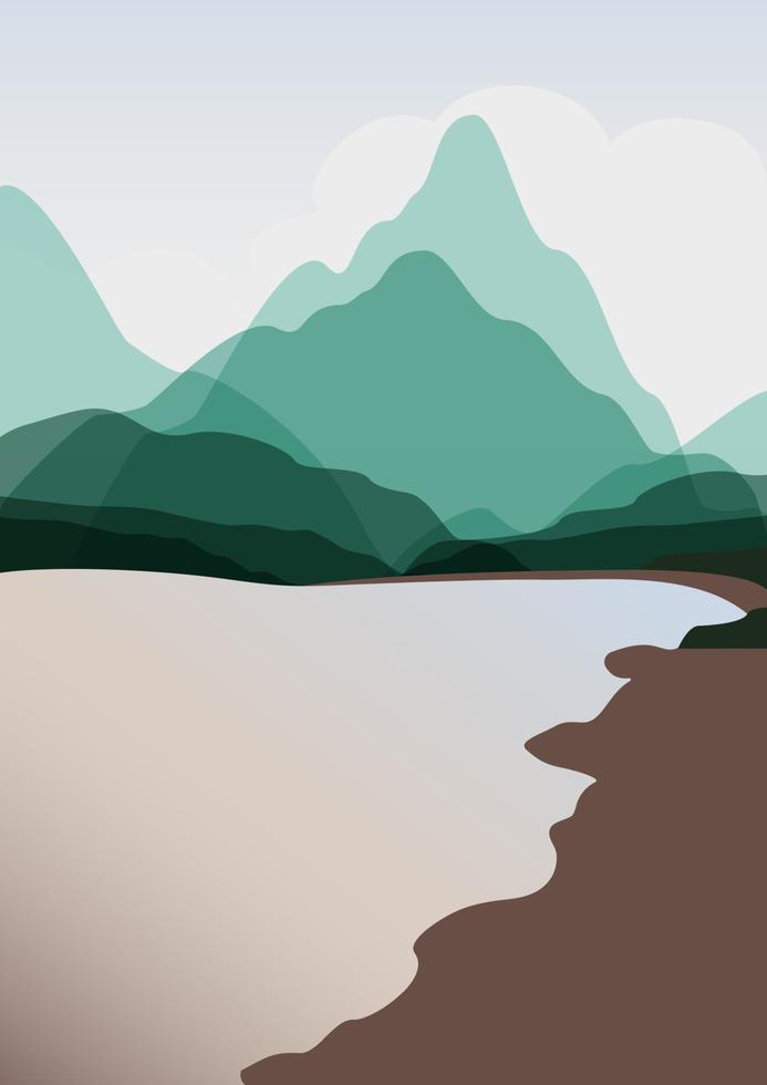 Mountain and lake landscape gradient illustration poster. Bright vibrant gradient colors - landscape with mountains and hills - a4 background art. Asian mountains template vector