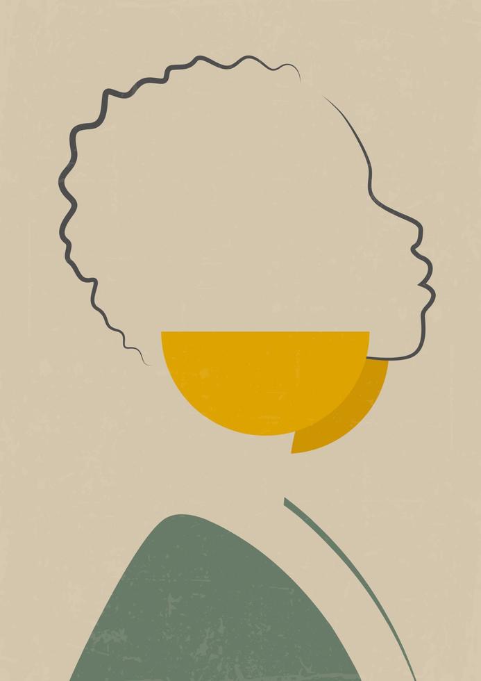 retrato de arte de línea de mujer minimalista con aretes de oro. Ilustración de vector de moda moderna contemporánea abstracta.