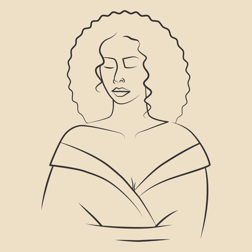 dibujo de línea de retrato de mujer africana en vestido de kimono. las mujeres modernas minimalistas se enfrentan al arte de línea continua. ilustración vectorial vector