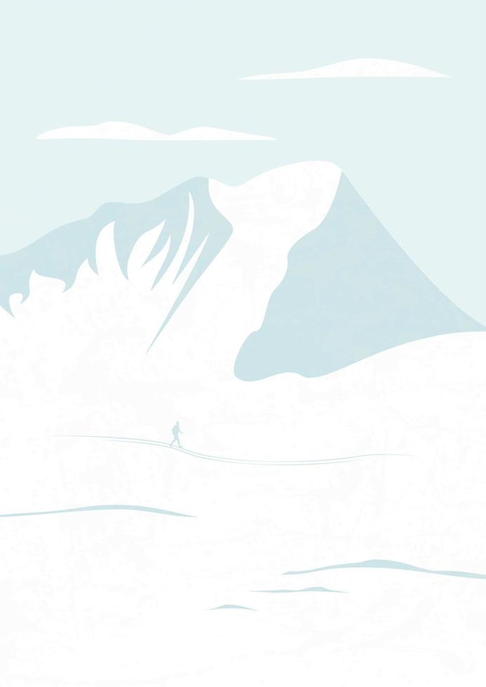 ilustración de paisaje de colinas nevadas de invierno. persona que viaja, caminatas de invierno. panorama nevado, decoración de pared minimalista. impresión de arte vectorial vector