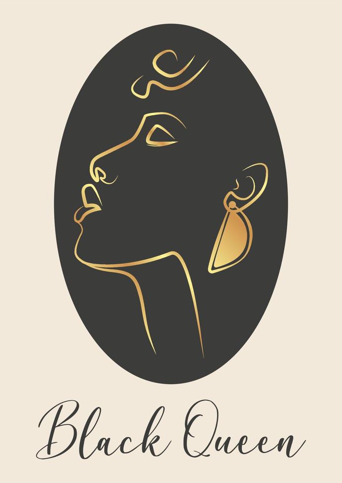 Continuous line drawing golden illustration of black woman. Beauty minimalist, vector illustration. Contemporary portrait