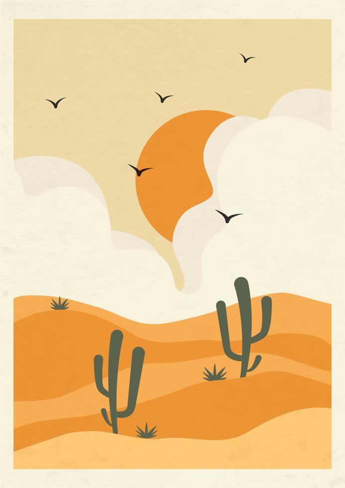 Aesthetic Arizona desert landscape poster with texture. Earth tones, beige colors. Boho wall decor. Mid century modern minimalist art print vector