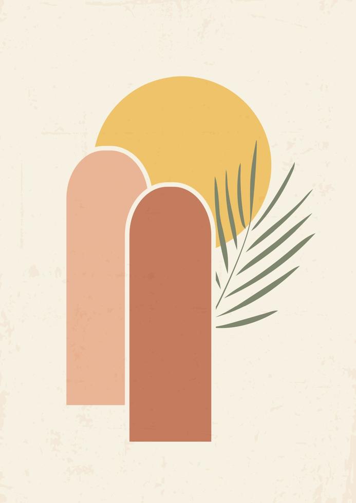 Palm leaf and arches art abstract illustration poster. Neutral boho art print set. Minimal mid century wall art print for bedroom decor vector