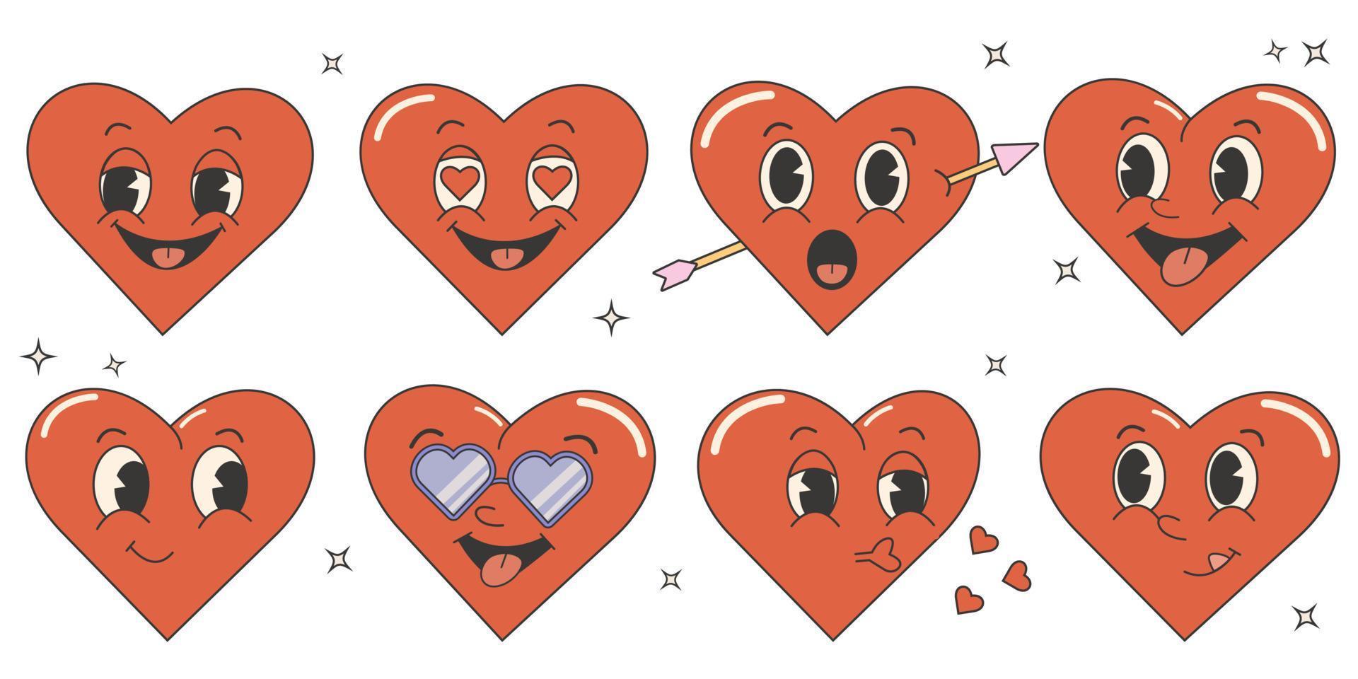 Trendy comic groovy valentines day sticker set. Cute and funny heart characters. Retro valentines day. 70s 60s aesthetics. vector