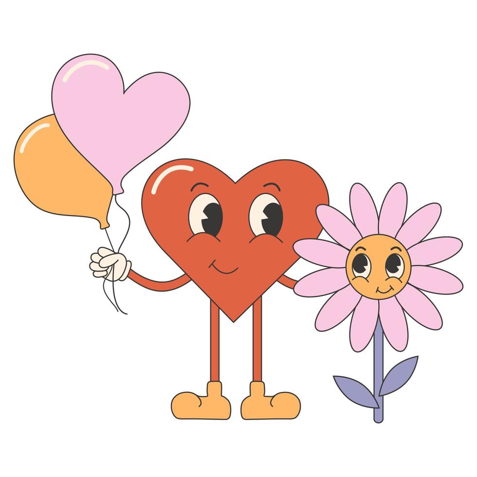 Trendy comic groovy valentines day sticker. Cute and funny characters. Heart and daisy. Retro valentines day. vector