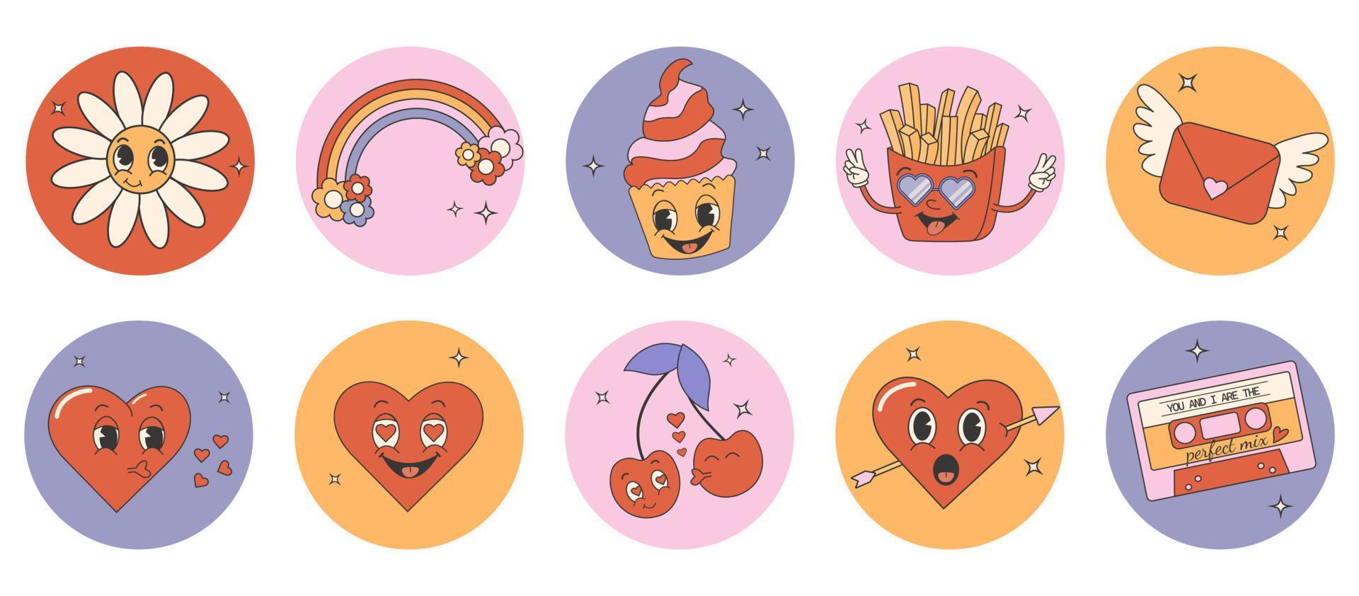 Trendy comic groovy valentines day sticker set. Cute and funny characters. Retro valentines day. 70s 60s aesthetics. vector