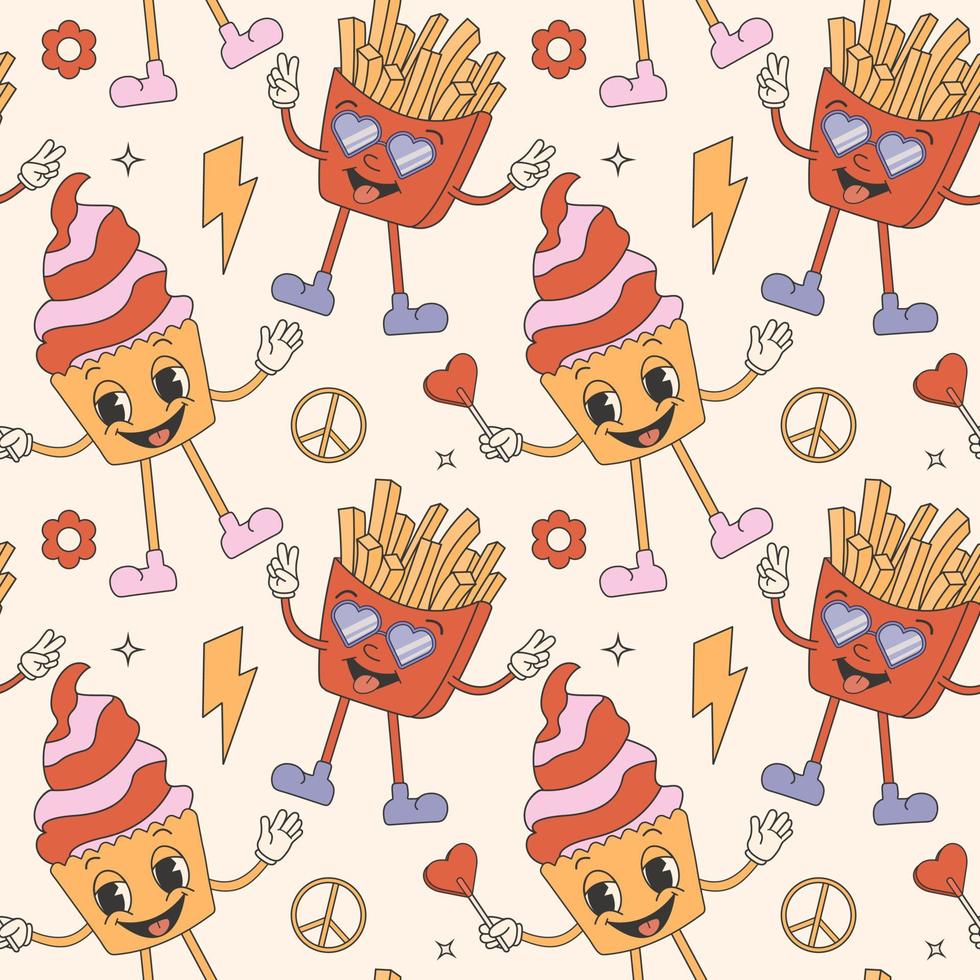 Trendy retro valentines day seamless pattern. With comic groovy characters vector