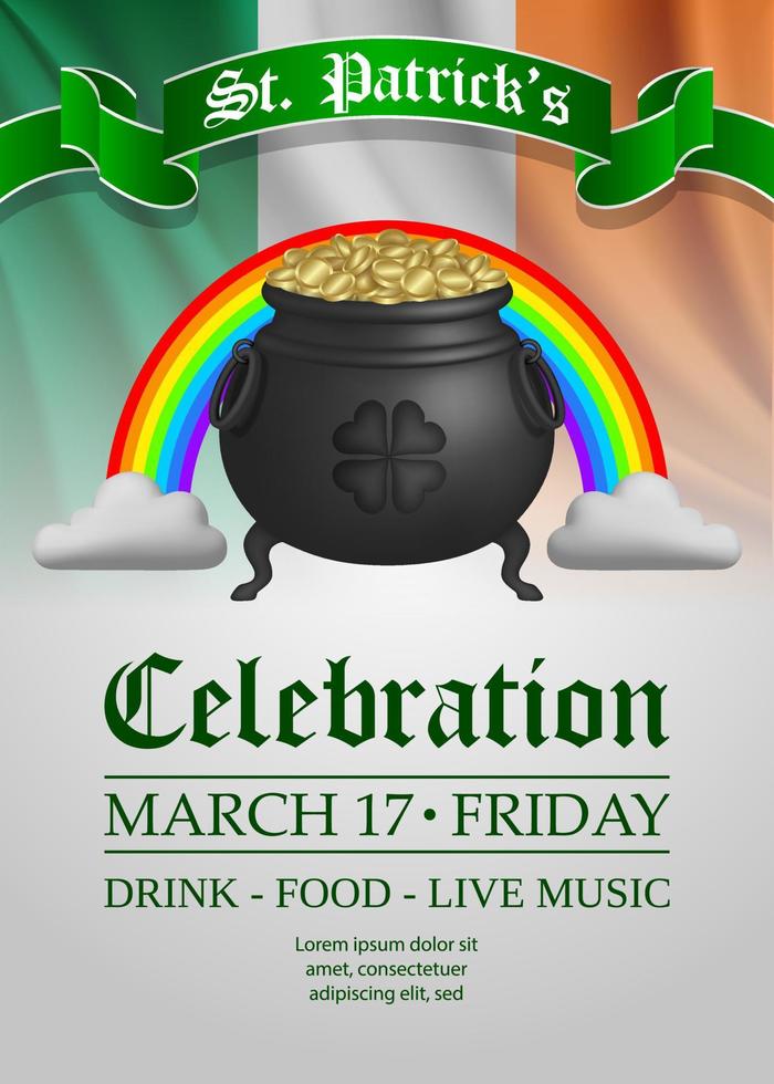 saint patrick's day background with pot and rainbow. st. patrick's day poster with cauldron and irish flag vector