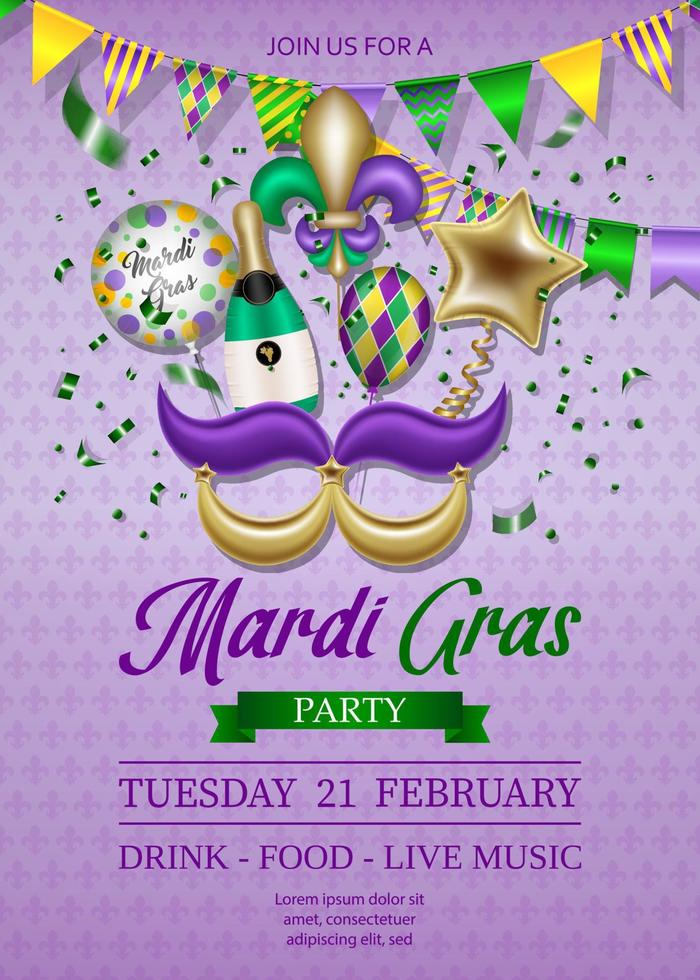 mardi gras party poster with balloons, pennants and confetti vector