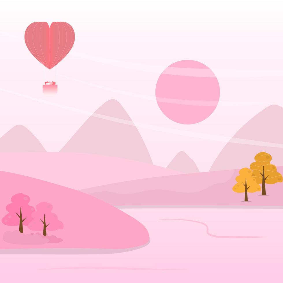 ilustración vectorial amante de la naturaleza rosa con paisaje de puesta de sol de montaña y lago vector