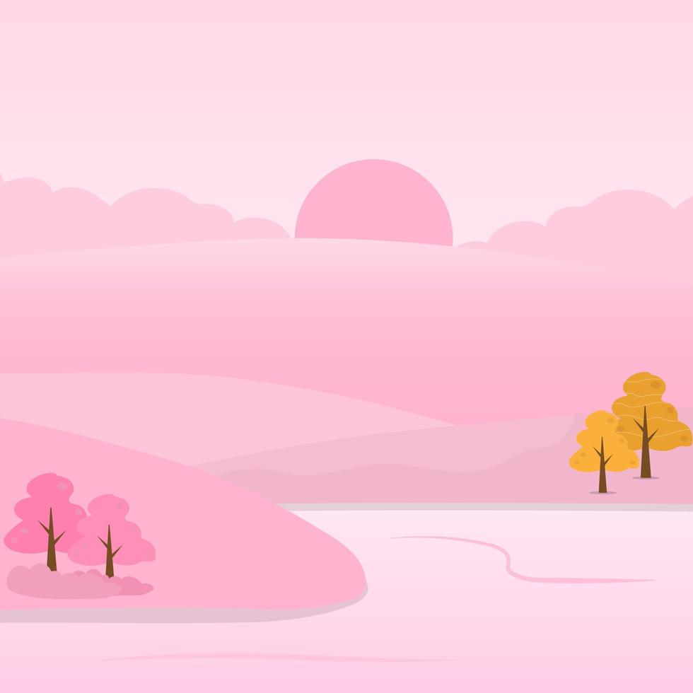 Vector illustration lover pink nature landscape with mountain and lake sunset with balloon heart