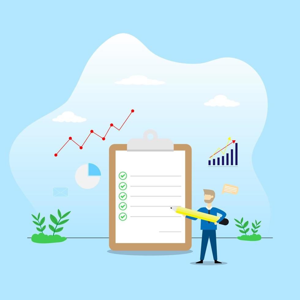 Vector leader man hold pencil point at document board about checklist growth business concept illustration