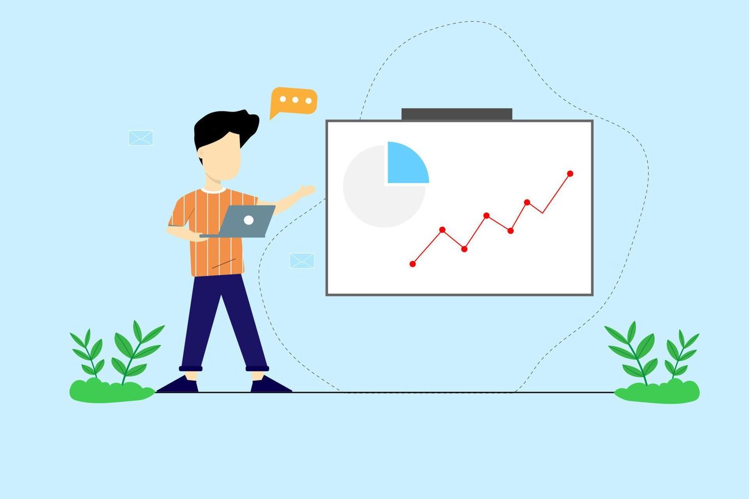 Vector young man hold laptop showing present information at projector diagram graph business concept