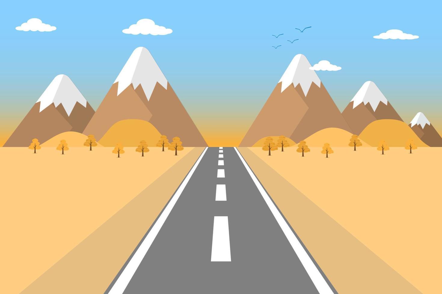 Vector landscape background. Road in nature field, mountains, hills, clouds on blue sky. Flat style illustration of autumn and spring nature.
