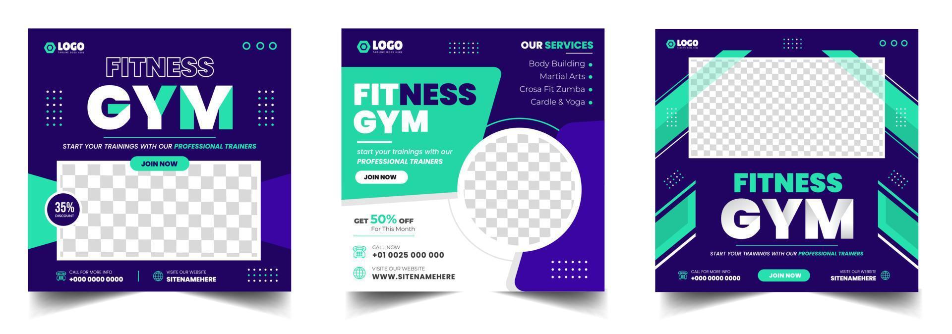 Fitness gym social media post banner template with blue and white color, gym, Workout, fitness and Sports social media post banner, fitness gym social media post banner design. vector