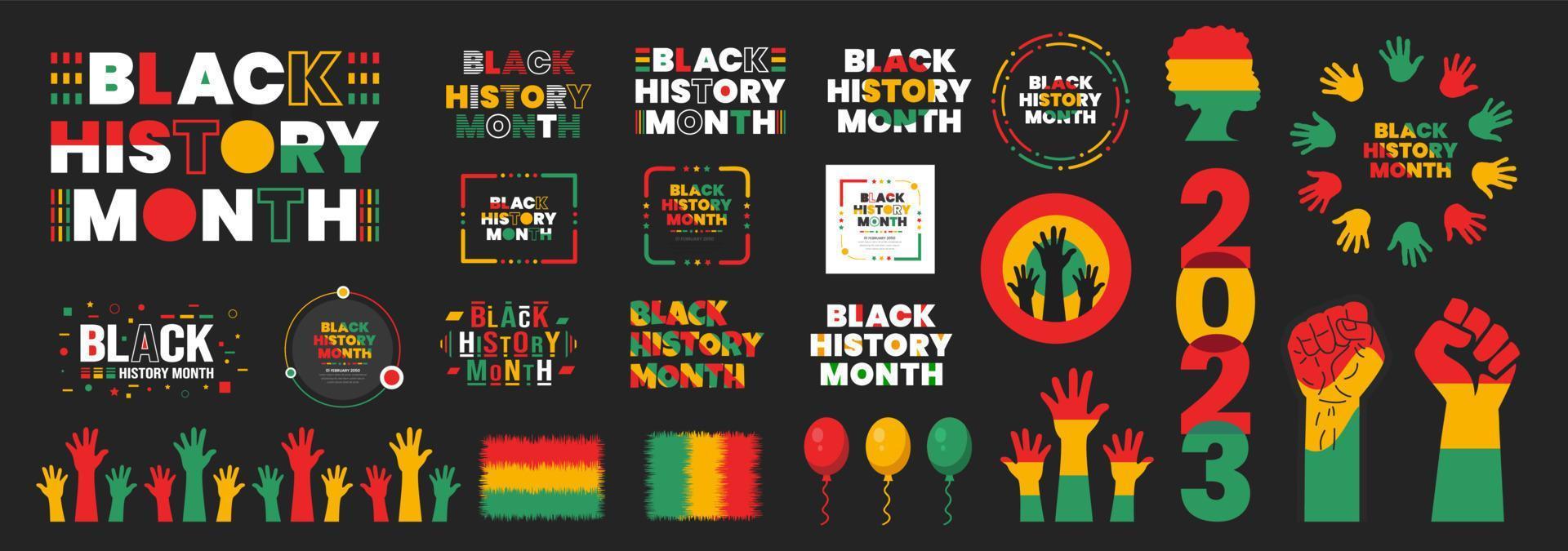 conjunto de diseño tipográfico del mes de la historia negra 2023. diseños vectoriales de historia afroamericana con texto, mapa para poster, impresión, tarjeta, pancarta, fondo. conjunto de vectores del mes de la historia negra.