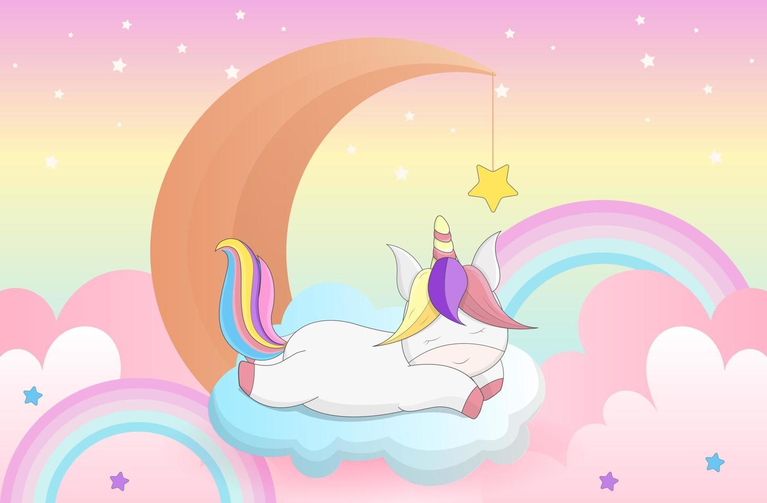 Beautiful unicorn on clouds with stars moon illustration, vector. vector