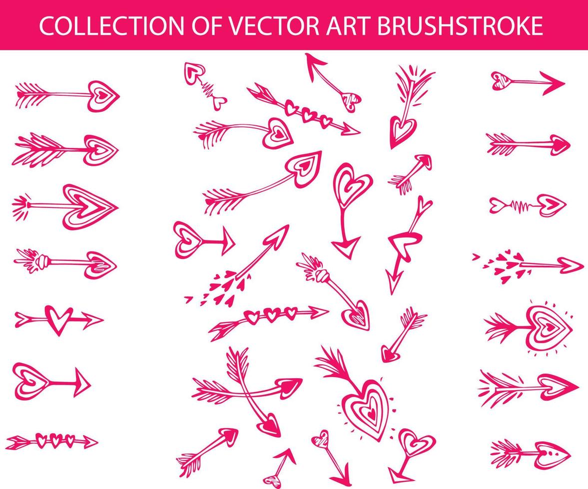 Collection of vector art brushstroke in the shape of arrows with hearts