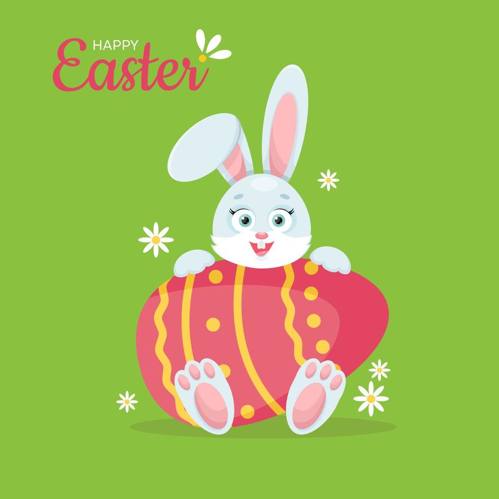 Easter bunny holds decorated pink egg. Happy Easter Greeting card. Festive decor. Cartoon character easter rabbit. Vector illustration on green background