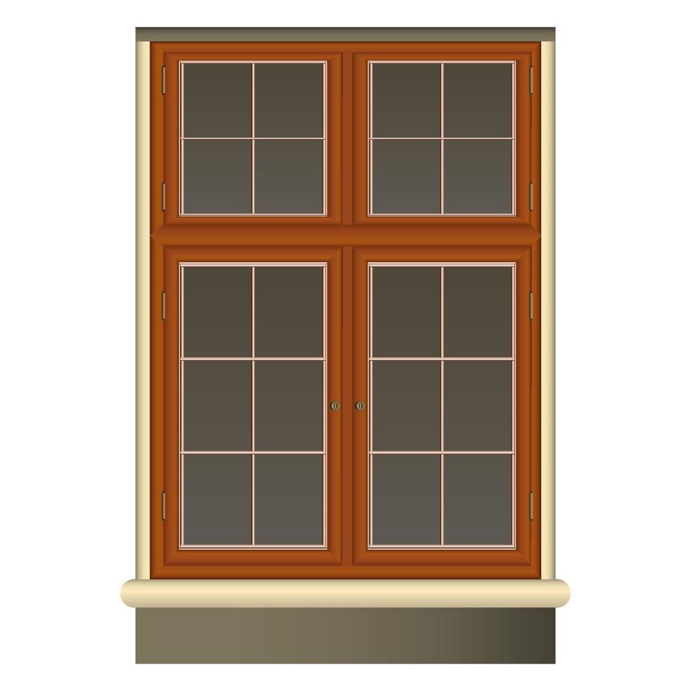 Vintage brown Window in realistic style. Wood Frame and Jalousie. Colorful vector illustration isolated on white background.