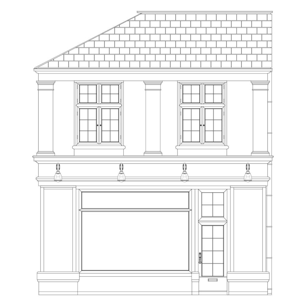 Página para colorear de fachada de edificio antiguo francés. Vista frontal de dos plantas con amplios ventanales. arquitectura europea. Ilustración de vector colorido aislado sobre fondo blanco.