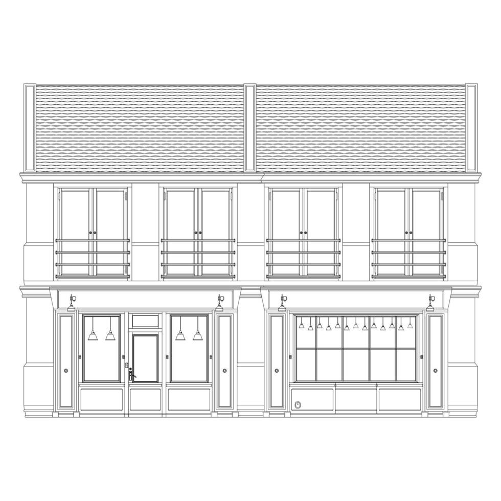 Página para colorear de vista frontal de la fachada de la cafetería. edificio antiguo francés. arquitectura europea. ilustración vectorial aislado sobre fondo blanco. vector