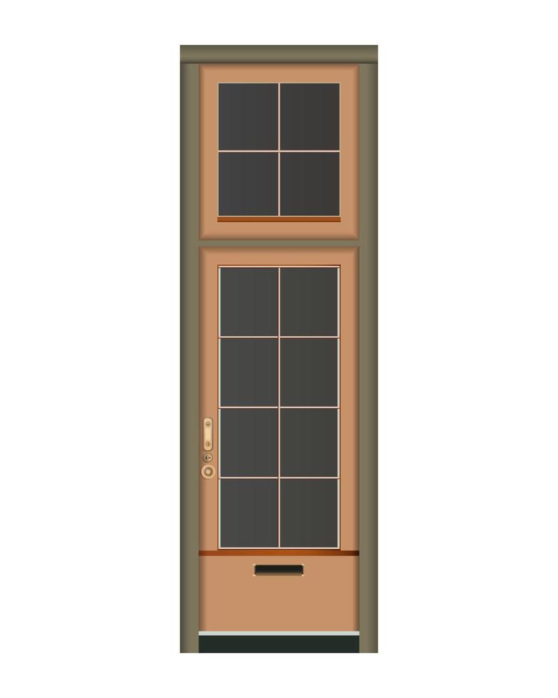 puerta marrón frente a la tienda en estilo realista. fachada con puerta clásica de madera. elementos dorados. Ilustración de vector colorido aislado sobre fondo blanco.