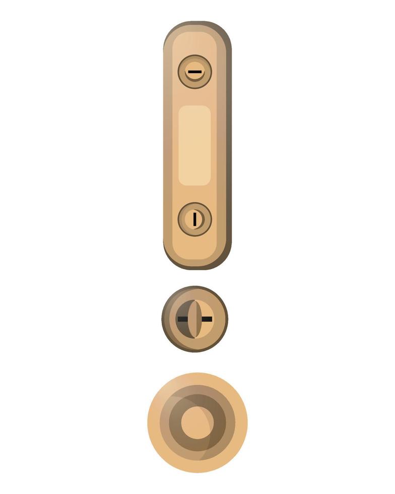 Golden doors handles in realistic style. Modern steel metal handles anf keyhole for furniture. Colorful vector illustration isolated on white background.