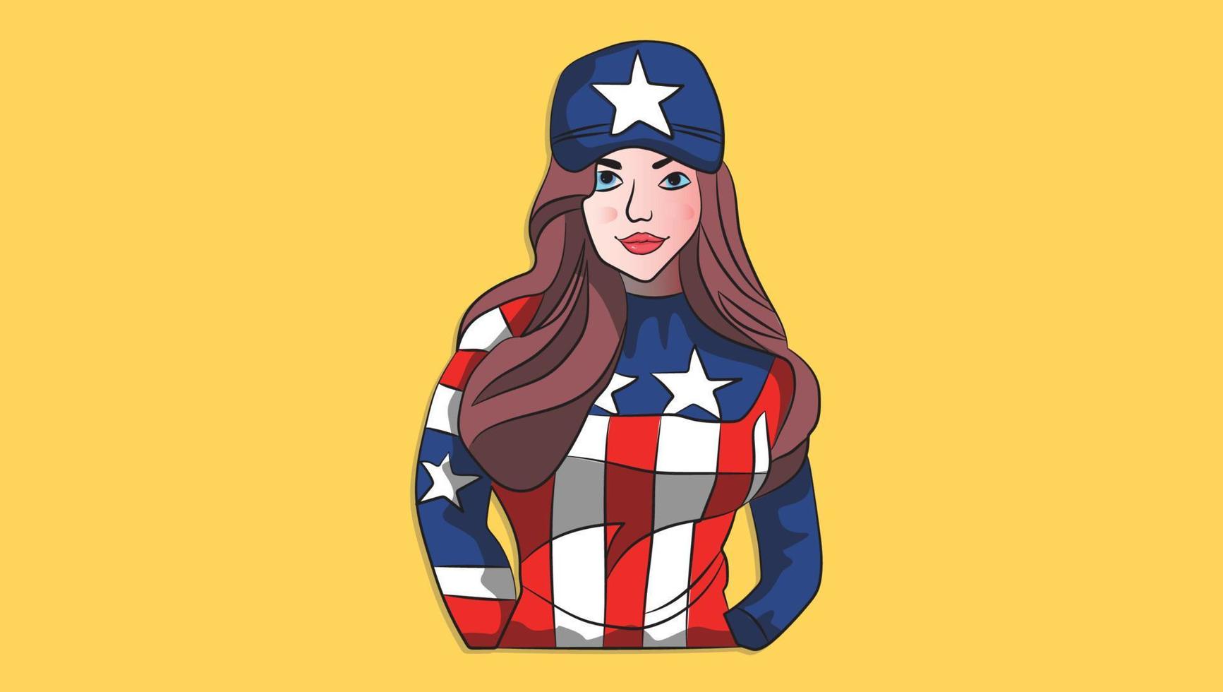 una ilustración de vector de superhéroe vestido americano femenino que exuda fuerza y confianza en su atuendo de cómic